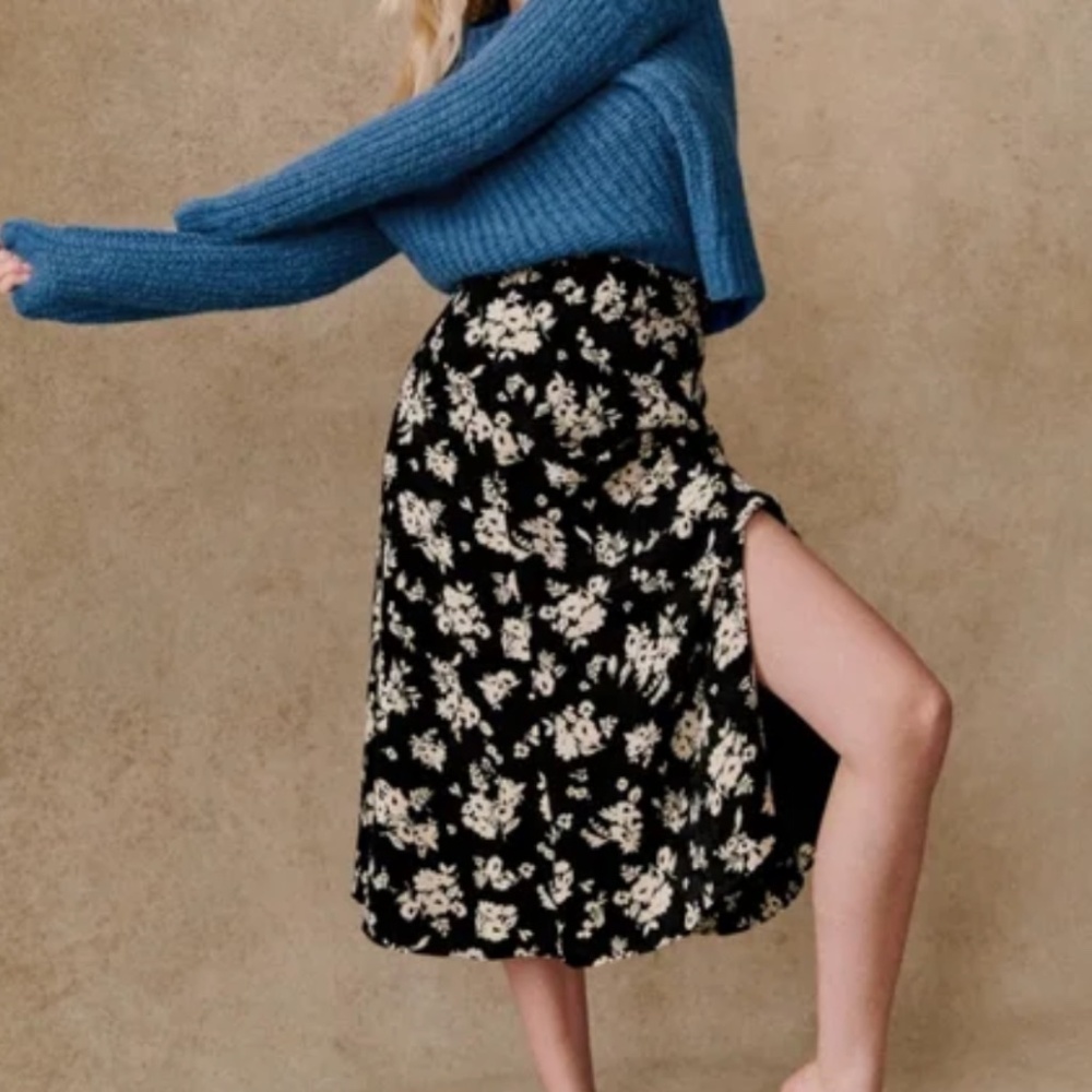 Sezane Tabata Black and Cream Floral Midi Skirt